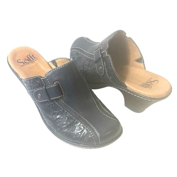 Sofft Womens 7.5 M Navy Blue Textured Floral Leather Slip On Comfort Casual Mule - Picture 1 of 11